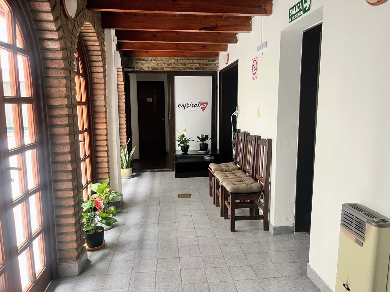 Sala de espera de Espiral Sur, una galería luminosa con sillas y plantas